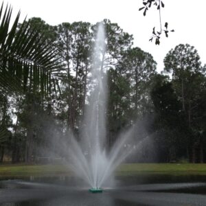 The EFS-4000 Heavy Duty Lake Fountain creates 40' x 40' sprays, rising tall from a pond surrounded by trees.
